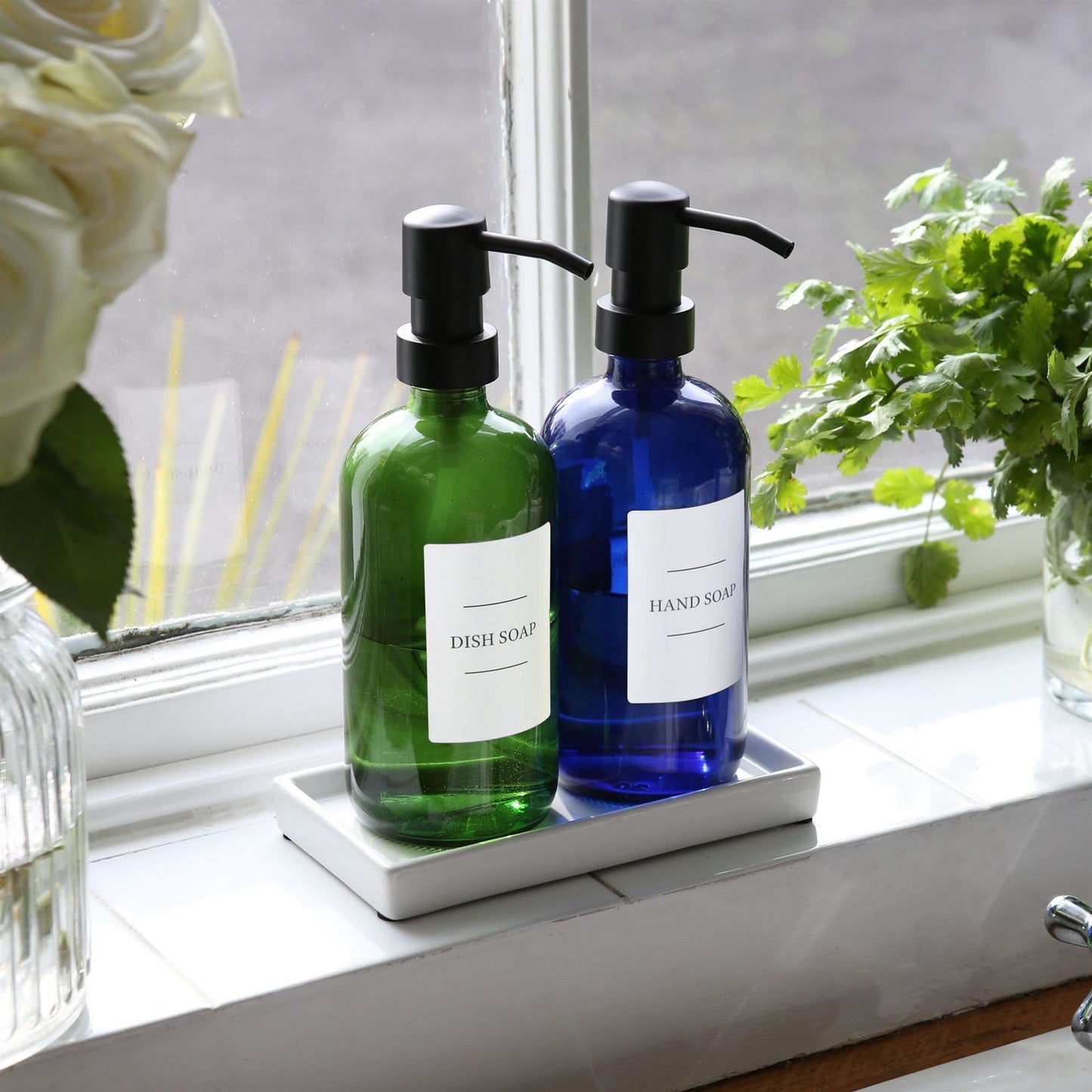 2pc 500ml Blue Glass Soap Dispenser with White Labels & Ceramic Tray
