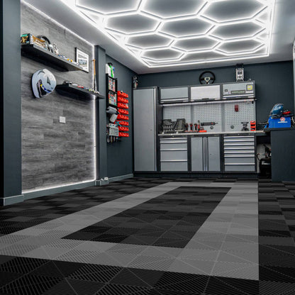 Vented Garage Floor Tiles With Edges 90 Black & 30 Grey