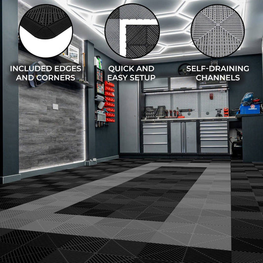 Vented Garage Floor Tiles With Edges 90 Black & 30 Grey