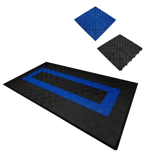 Vented Garage Floor Tiles With Edges 90 Black & 30 Blue