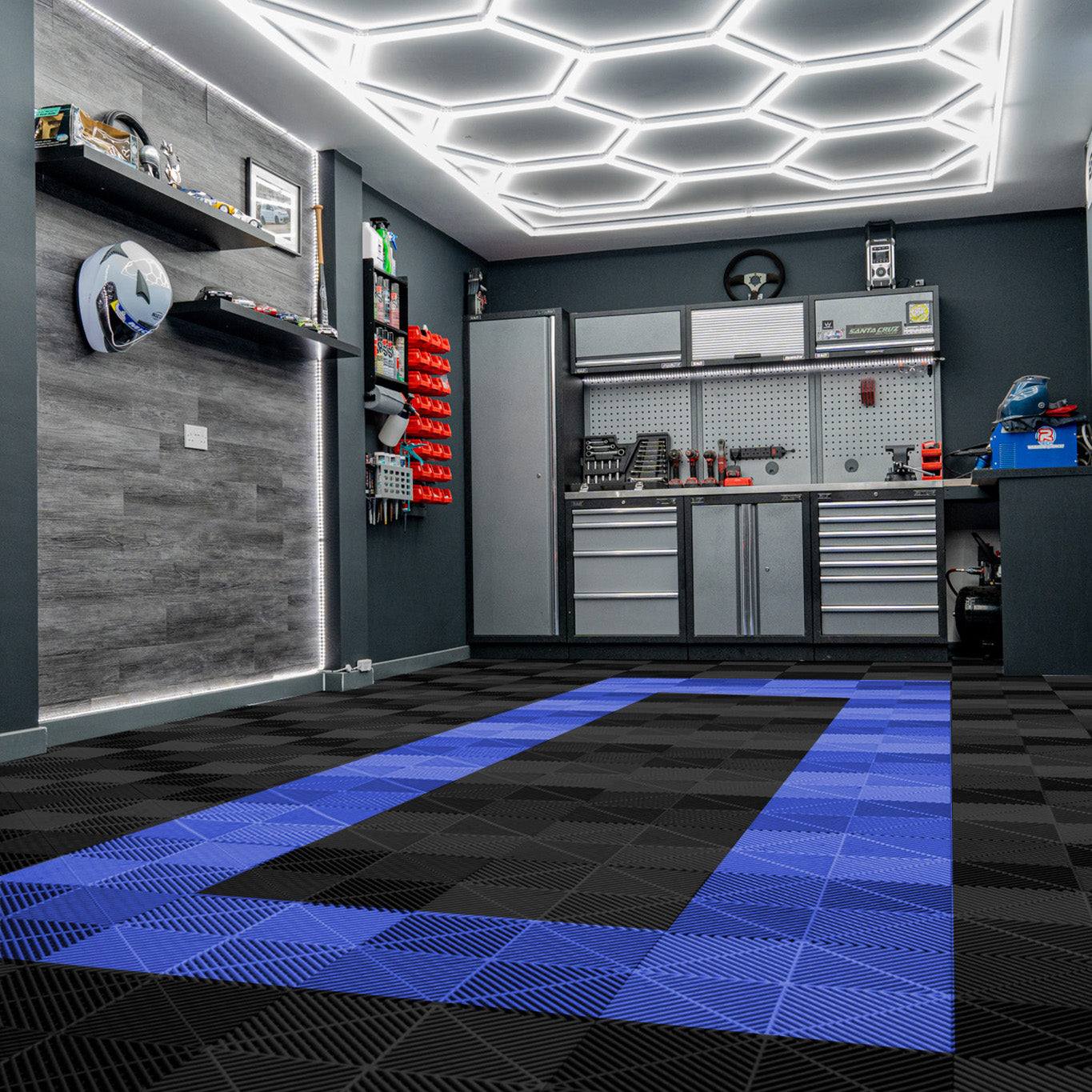 Vented Garage Floor Tiles With Edges 90 Black & 30 Blue