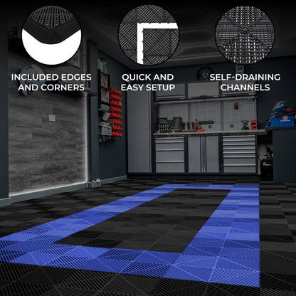 Vented Garage Floor Tiles With Edges 90 Black & 30 Blue