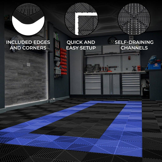 Vented Garage Floor Tiles With Edges 90 Black & 30 Blue