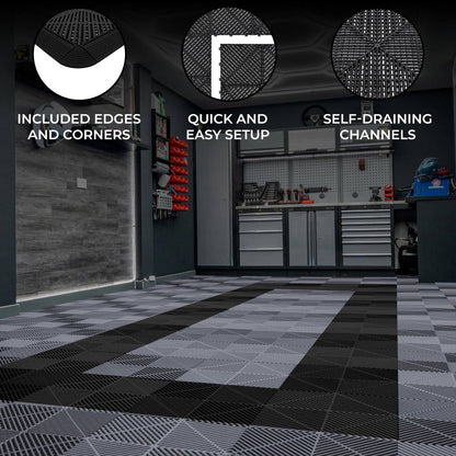 Vented Garage Floor Tiles With Edges 90 Grey & 30 Black