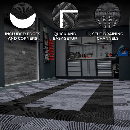 Vented Garage Floor Tiles With Edges 90 Grey & 30 Black