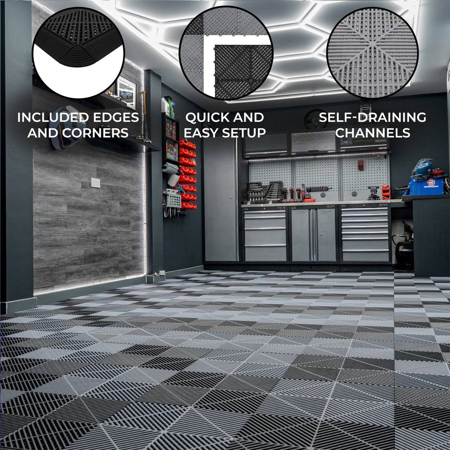 Vented Garage Floor Tiles With Edges 120 Black & 120 Grey