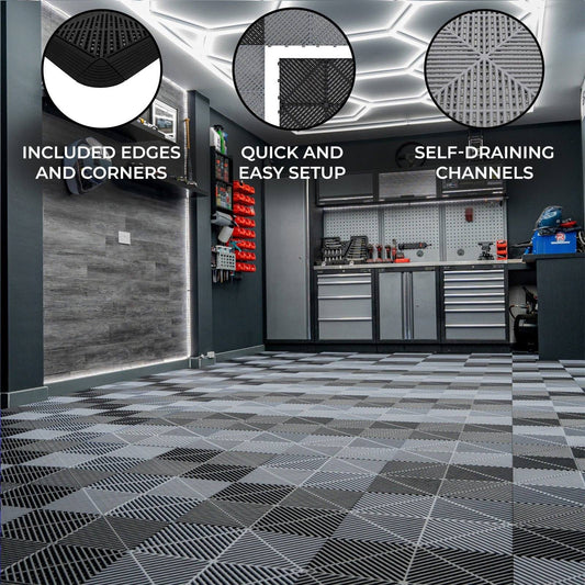 Vented Garage Floor Tiles With Edges 120 Black & 120 Grey