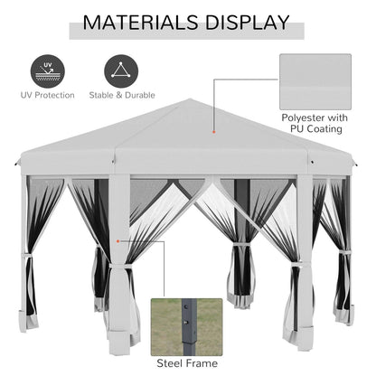 3.2m Pop Up Gazebo Hexagonal Canopy Tent Outdoor Sun Protection with Mesh Sidewalls