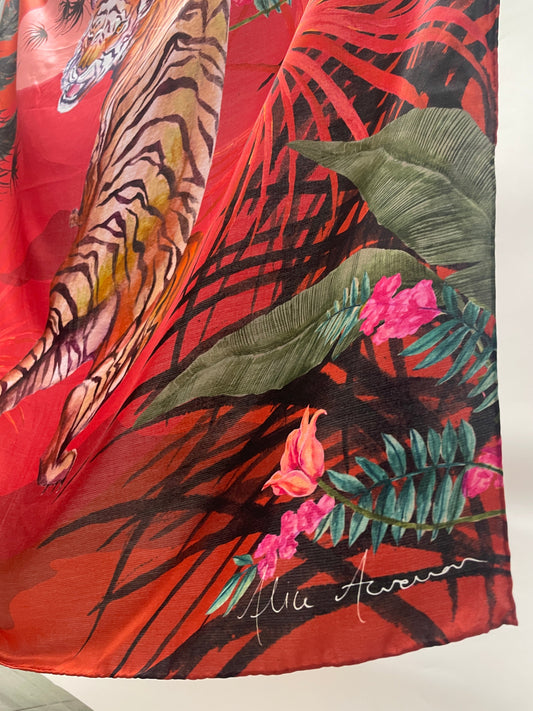 Red tiger print large silk scarf