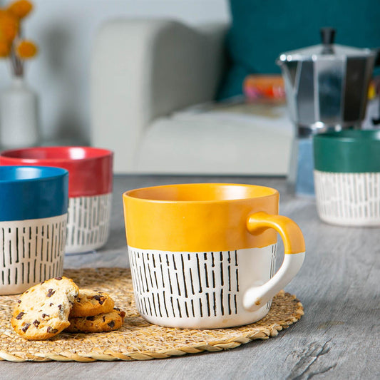 450ml Yellow Colour Block Dash Stoneware Coffee Mugs - Pack of Six