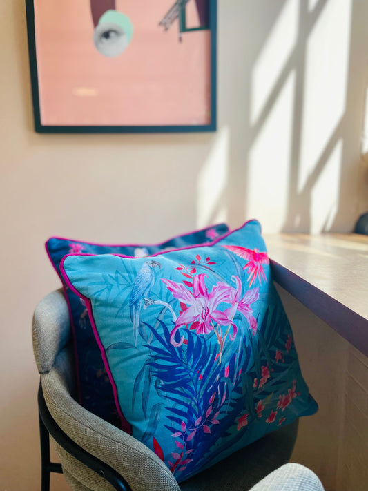 Terquoise tropical watercolour art Cushion 'Jungala' double sided design, made from Vegan friendly Suede