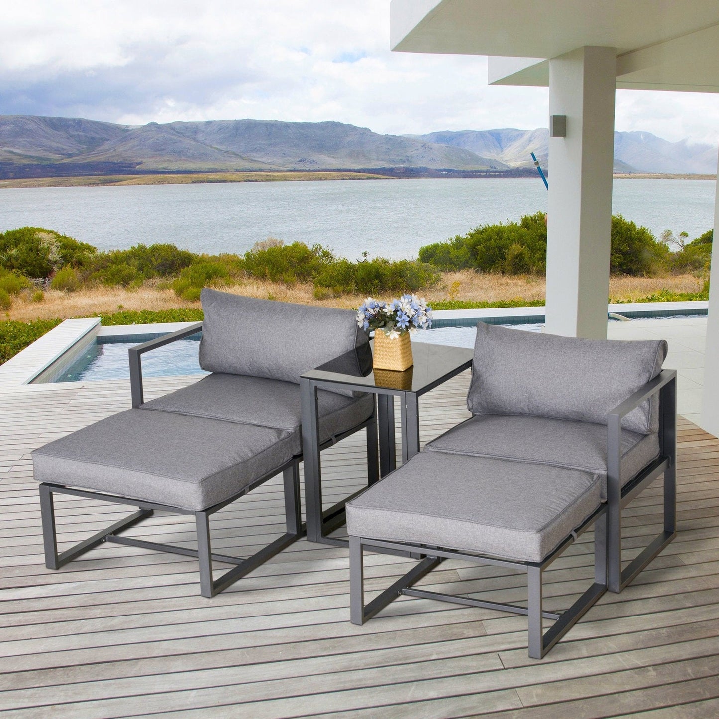 5-Piece Garden Conversation Set Sun Lounger 2 Footstools End Table with Cushions