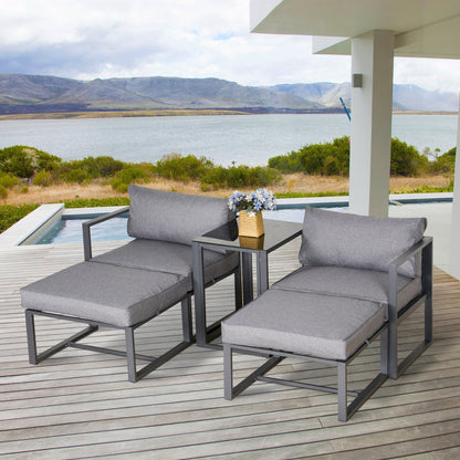 5-Piece Garden Conversation Set Sun Lounger 2 Footstools End Table with Cushions