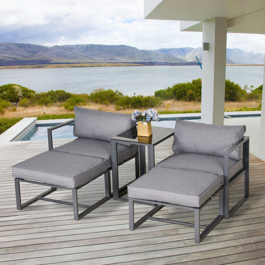 5-Piece Garden Conversation Set Sun Lounger 2 Footstools End Table with Cushions