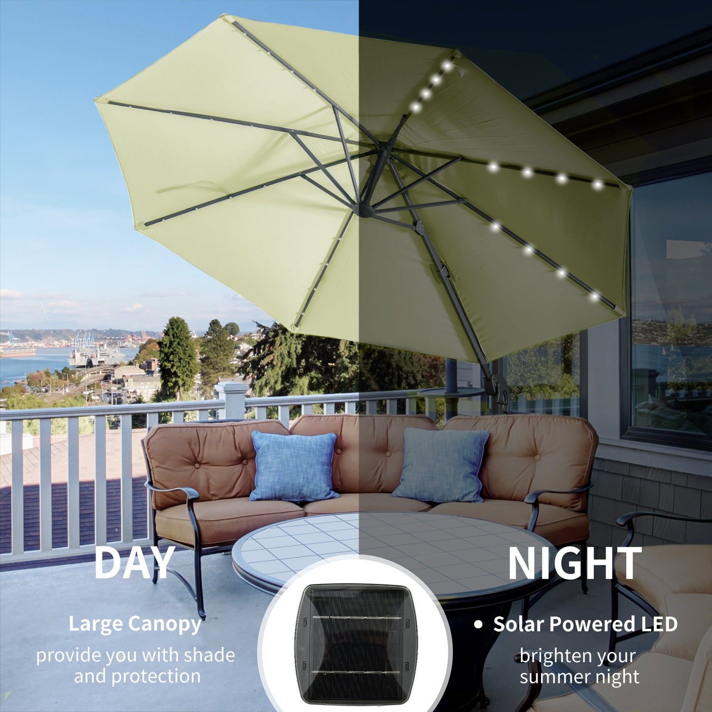 3M LED Cantilever Parasol Garden Sun Umbrella w/ Base and Solar Lights Beige