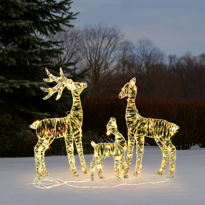 3-Piece Lighted Iridescent Christmas Reindeer Family Set Outdoor Decorations, Weather Proof Deer Family Set of 3 Christmas Ornament Home Decor Pre-lit 110 LED Warm White Lights, 2.4FT
