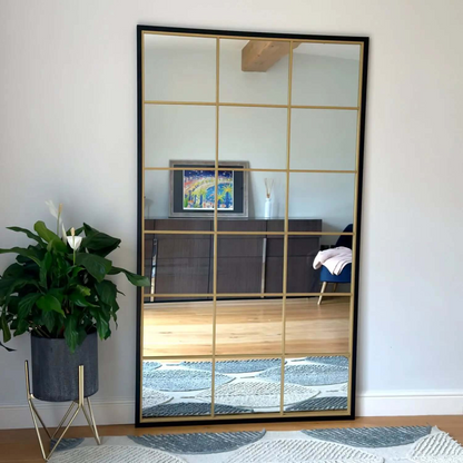 Kyō - Full Length Black and Gold Metal Rectangle Lattice Grid Mirror - 180cm x 105cm.
