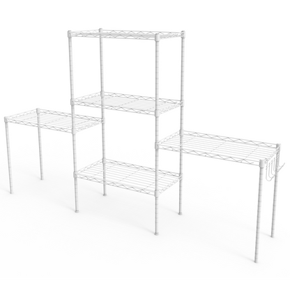 5-layer display rack with adjustable layer spacing, plug-in deformable structure, adjustable feet, made of iron, 54*29*150cm, powder-coated matte white