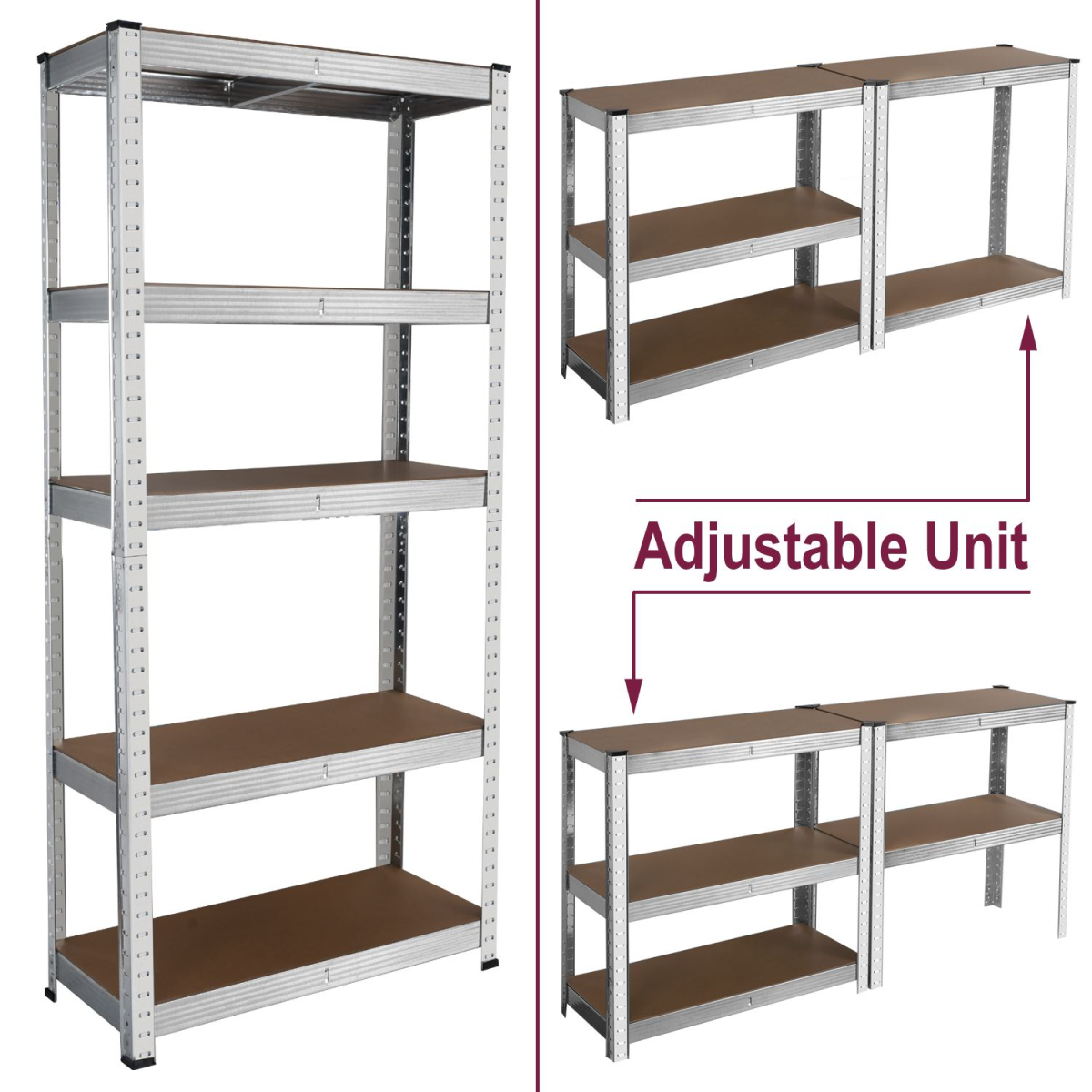 2x Heavy Duty Steel & MDF 5 Tier Galvanized Racking Shelf