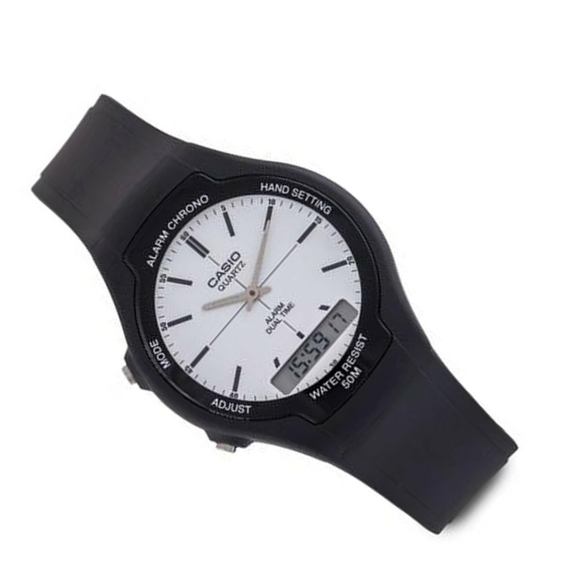 Casio Mens Dual Digital Time White Dial Black Rubber Strap Watch - AW-90H-7EVDF