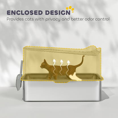 PawHut Stainless Steel Cat Litter Box, Enclosed Metal Litter Tray, Dark Grey