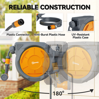 Outsunny Retractable Hose Reel Wall Mounted with Lock, Orange