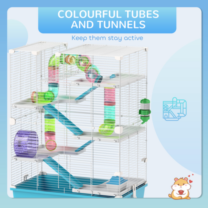 PawHut 6 Tier Hamster Cage with Twin Tower and Accessories, Light Blue
