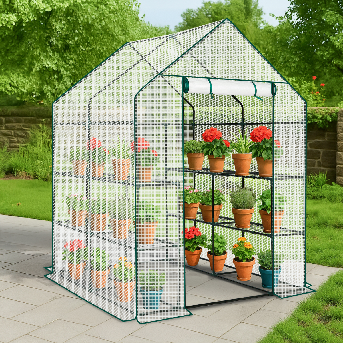 Mini Walk-in Greenhouse with PE Cover, 8-Shelf Indoor Outdoor Plant Gardening Green House for Garden Backyard, 56" x 56" x 77", White
