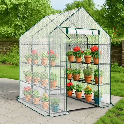 Mini Walk-in Greenhouse with PE Cover, 8-Shelf Indoor Outdoor Plant Gardening Green House for Garden Backyard, 56" x 56" x 77", White