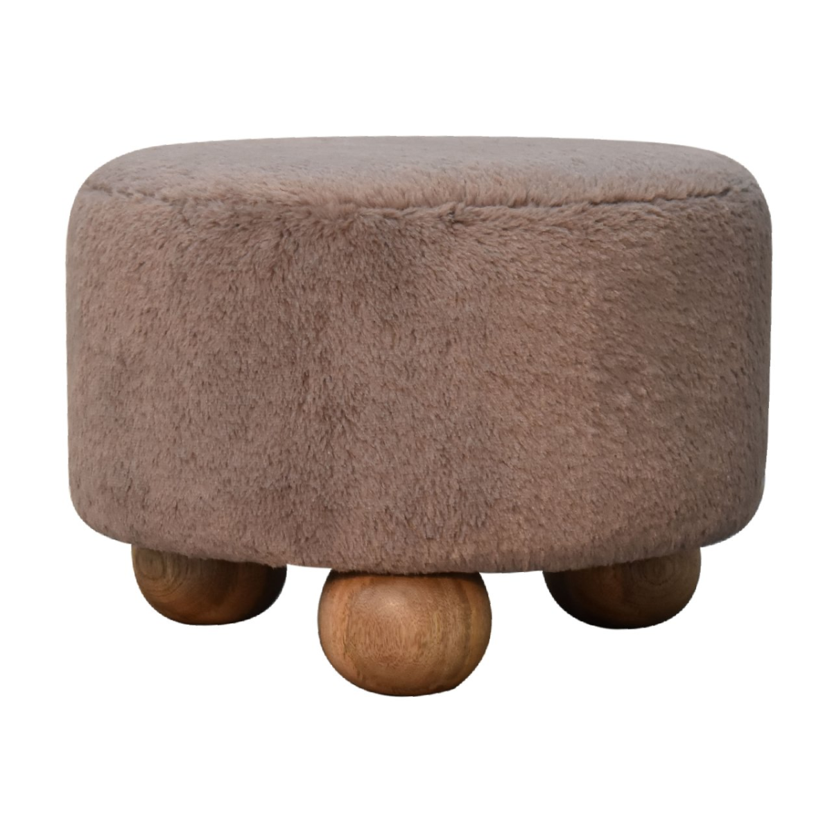 Artisan Furniture Solid Mango Wood Mocha Faux Fur Round Ball Footstool