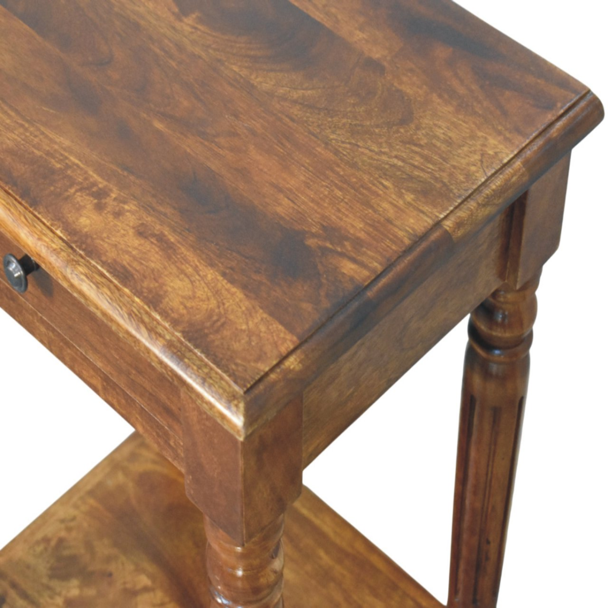 Artisan Furniture Solid Wood Turned Legs Chestnut Side Table, 1 Drawer and 1 Lower Shelf, Dark Brown