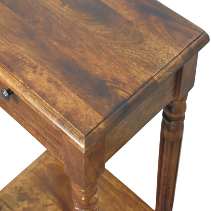 Artisan Furniture Solid Wood Turned Legs Chestnut Side Table, 1 Drawer and 1 Lower Shelf, Dark Brown