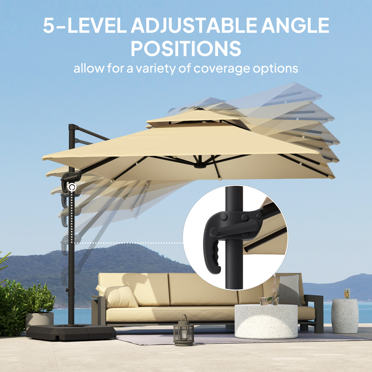 Outsunny 360° Cantilever Parasol Roma Umbrella w/ Base Weights, Khaki