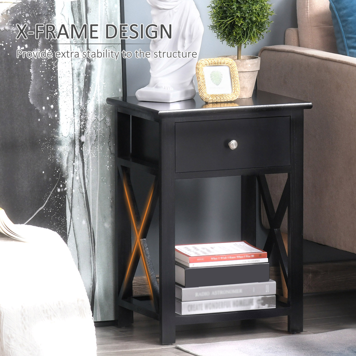HOMCOM 55cm End Side Table w/ Drawer Shelf Home Storage Furniture Black