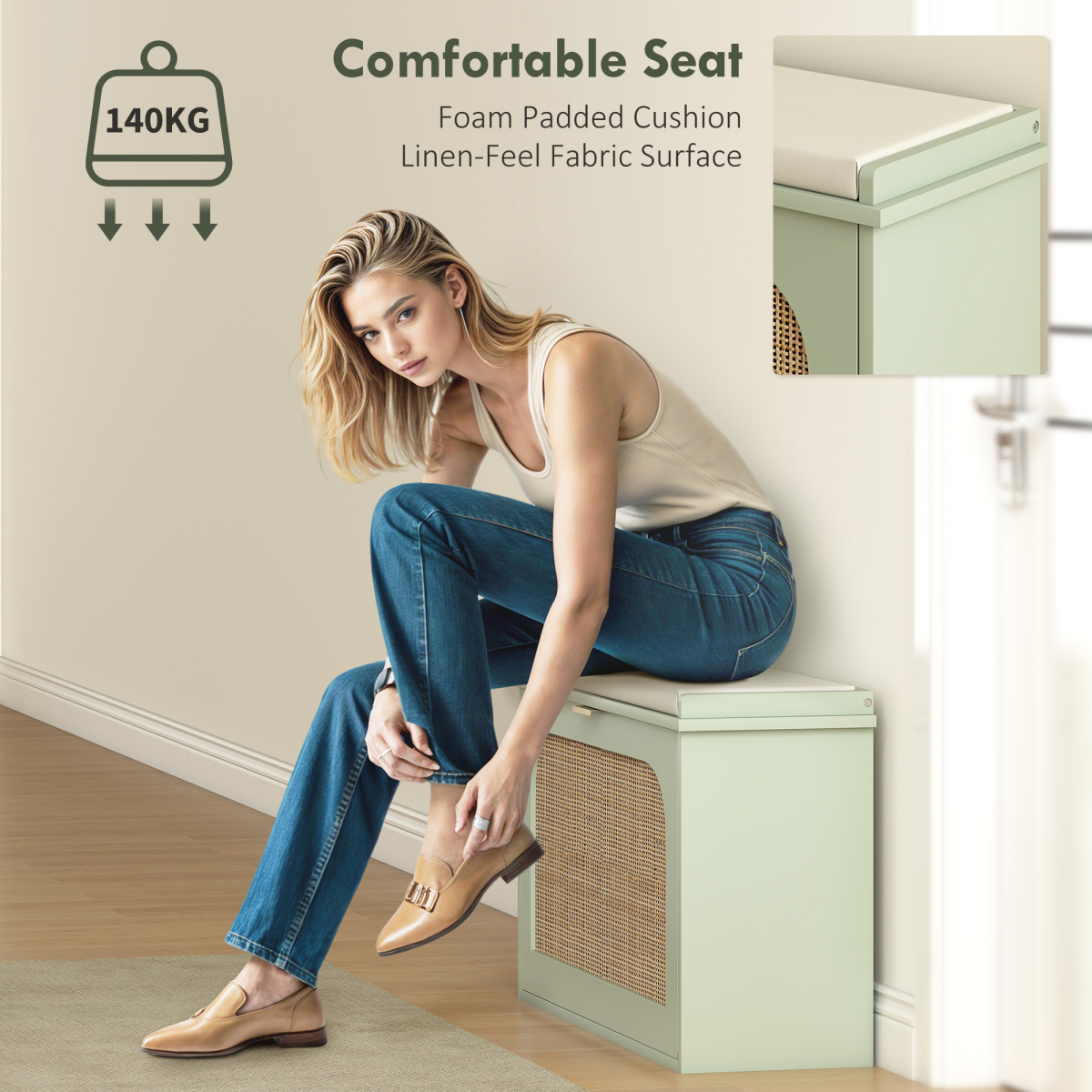 HOMCOM Boho Shoe Bench with Padded Seat and 1 or 2 Flip-Drawer, Light Green