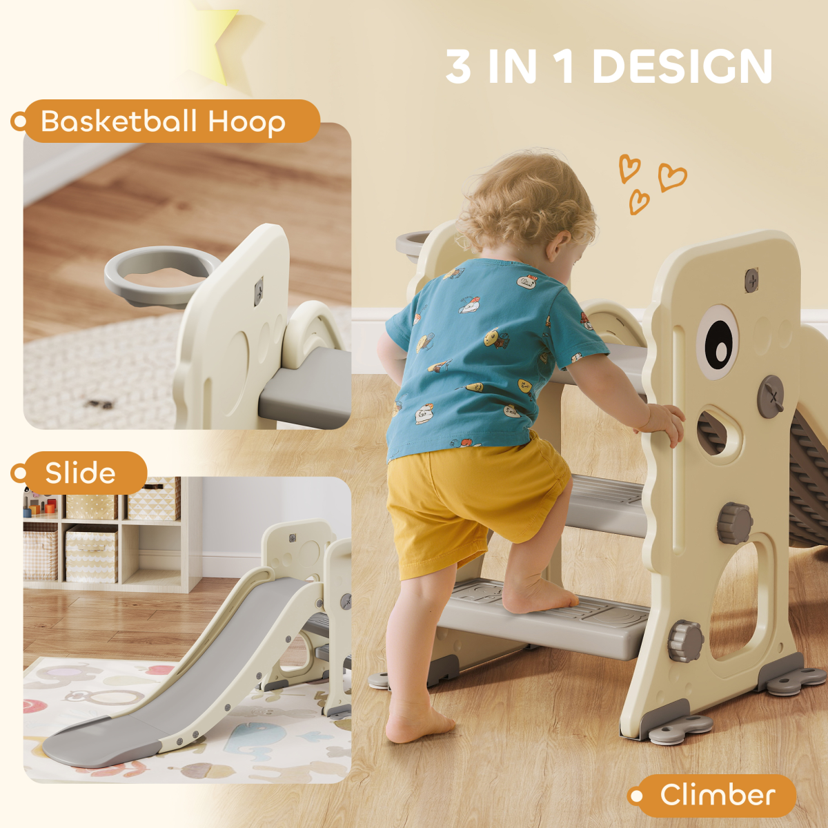 AIYAPLAY Foldable Kids Slide with Climber, Basketball Hoop, Cream White