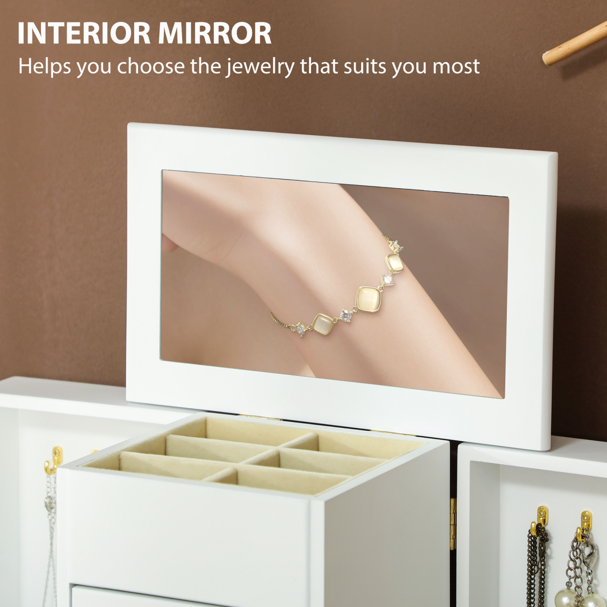 HOMCOM 4-Tier Large Jewellery Box with Mirror and 2 Drawers, White