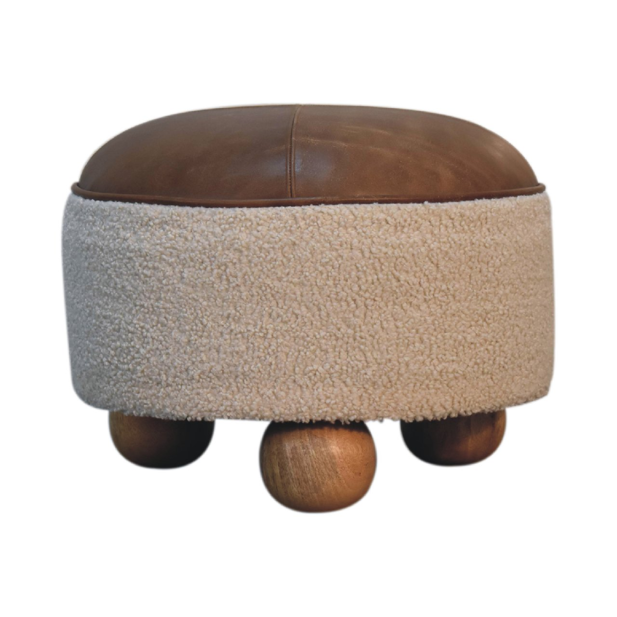 Artisan Furniture Solid Mango Wood Cream Boucle Buffalo Footstool