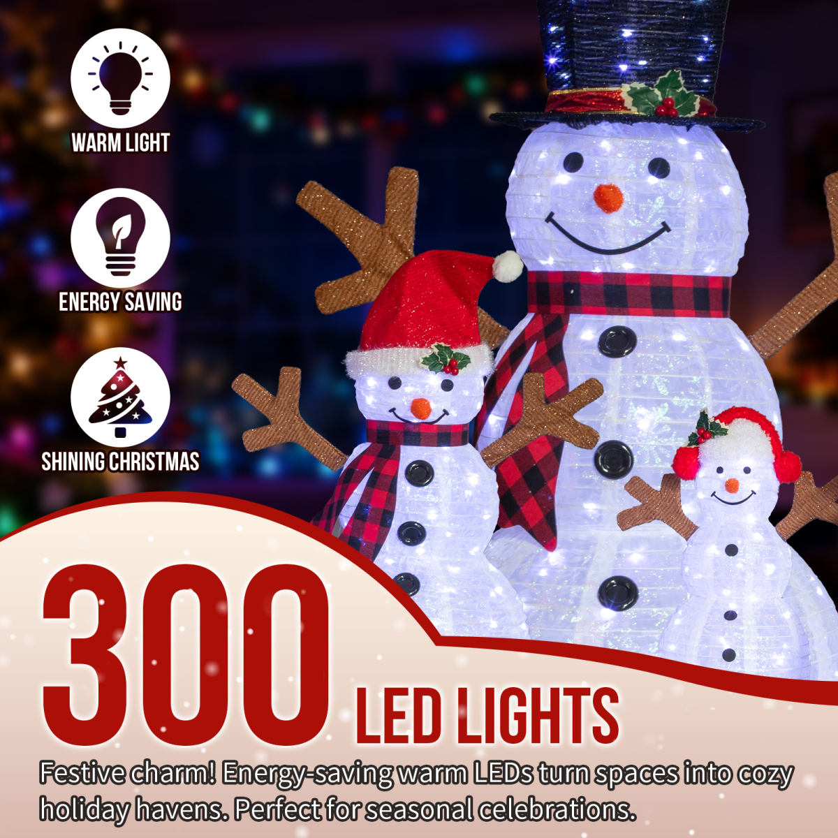 Set of 3 Lighted Snowman Family Christmas Yard Decorations, 60cm 90cm 120cm Pre-lit Pull Up Snowman with 270 White LEDs, for Xmas Outdoor Holiday Indoor Decor Lighted Holiday Displays