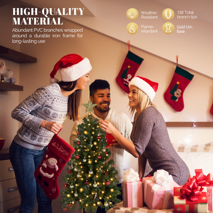 4 FT Pre-lit Artificial Christmas Tree with Trophy Shaped Base, Potted Xmas Tree with 120 Warm Lights, 211 Branch Tips and Remote Control for Holiday Party Office Home, Green