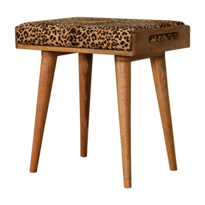 Artisan Furniture Solid Mango Wood Leopard Velvet Tray Style Footstool