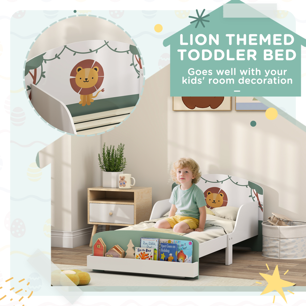 AIYAPLAY Toddler Bed, Lion-Themed Kids Bed Frame with Storage