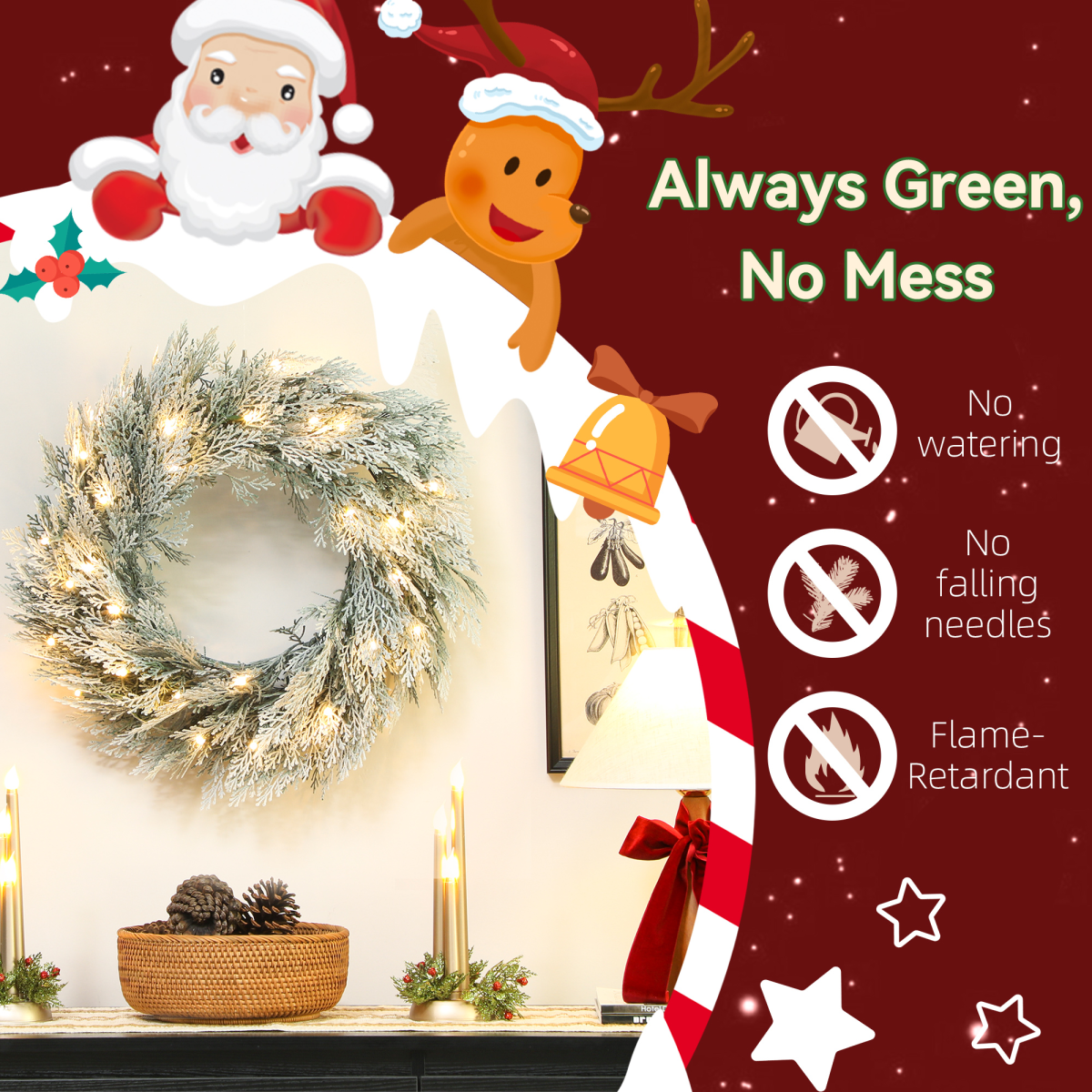 HOMCOM 60 cm Prelit Christmas Wreath, Flocked Front Door Wreath with Timer