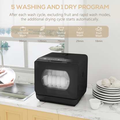 HOMCOM Worktop Dishwasher w/ 4 Place Settings 6 Programs, Black