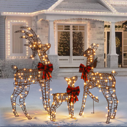 3-Piece Lighted Christmas Reindeer Family Set Outdoor Decorations, Weather Proof Rattan Deer Family Set of 3 Christmas Ornament Home Decor Pre-lit 210 LED Warm White Lights, 4FT, Brown