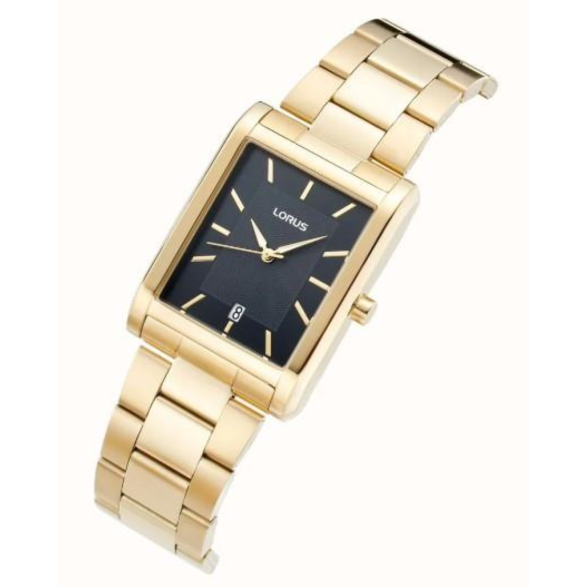 Lorus Mens Basic Fashion Rectangular Date Black Dial Gold tone Stainless Steel Bracelet Watch RH938RX9