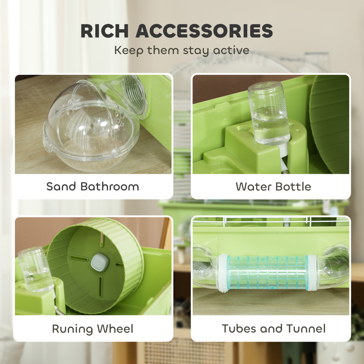 PawHut 3-Tier Hamster Cage, Hamster Habitat with Accessories, Green