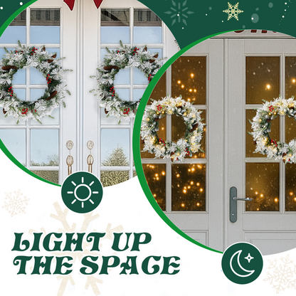 2 Pack 18in Pre-lit Snow Flocked Christmas Wreath, Lighted Artificial Xmas Wreath with 60 Warm Lights and 140 Tips and Red Berries Pine Cones, for Front Door Gate Wall Xmas Party Decorations