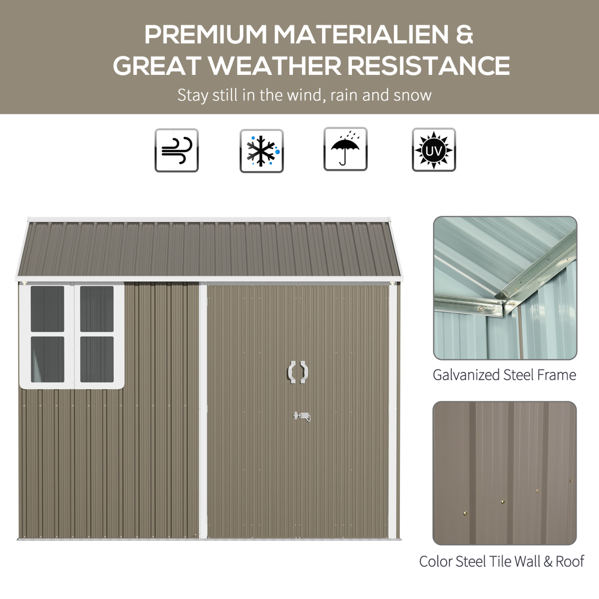 Outsunny 8x6ft Metal Garden Shed - Grey, Outdoor Storage w/ Doors, Window, Metal Construction