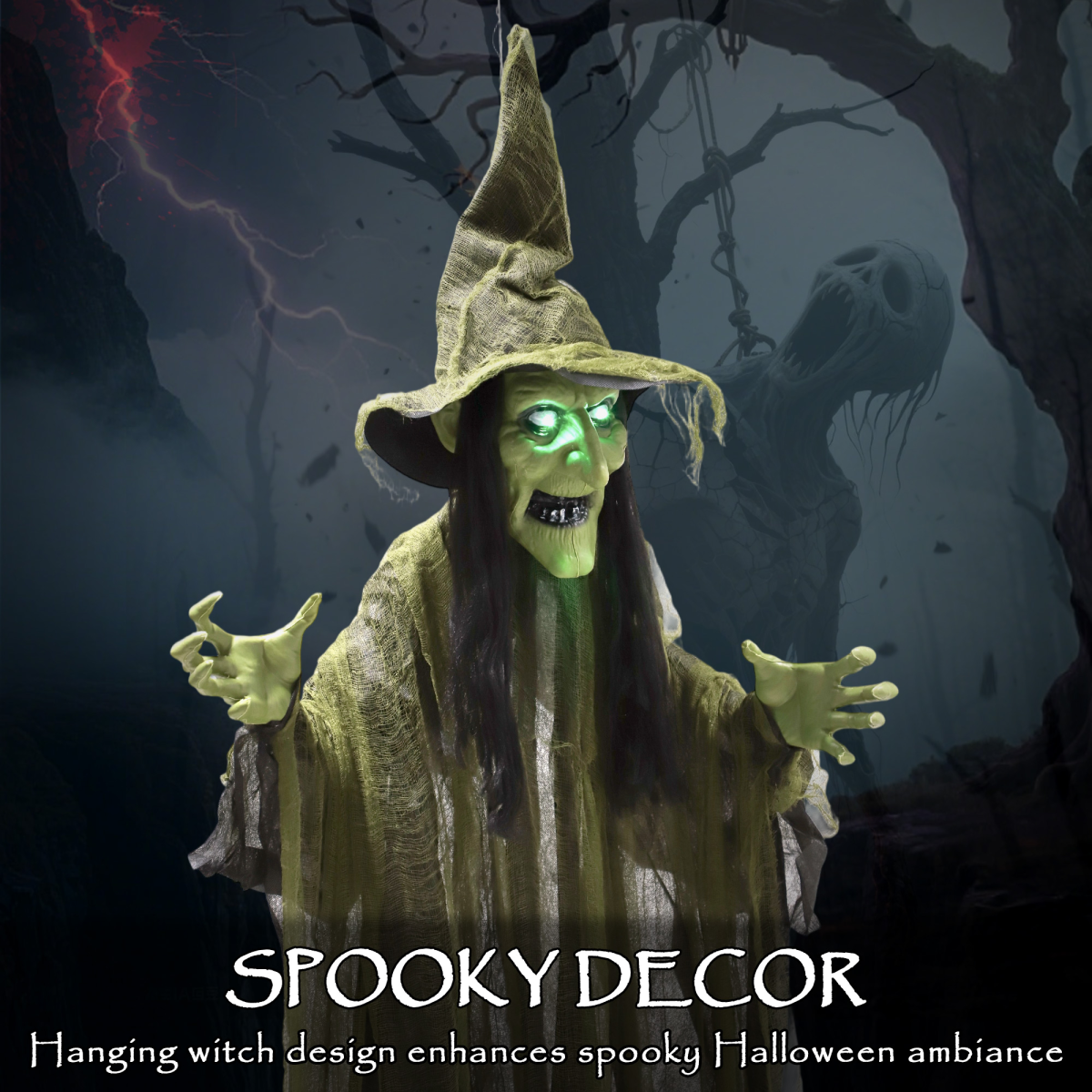 Outsunny Voice Activated Halloween Animatronics Hanging Witch, Green
